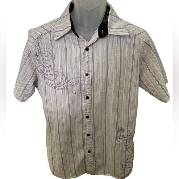 BILLABONG Gray & Purple Striped Short Sleeve Collared Shirt Men M Medium - Picture 1 of 8